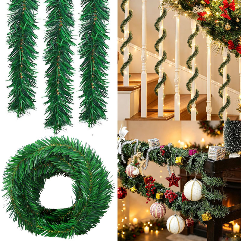 Tinsel Garland Decoration - 緑色の松の葉を使ったクリスマスガーランド。装飾用の人工クリスマスツリー、ラタン製のバナー、パーティー用のプラスチック製のキラキラ飾り、ドアに吊るすワイヤー付き。