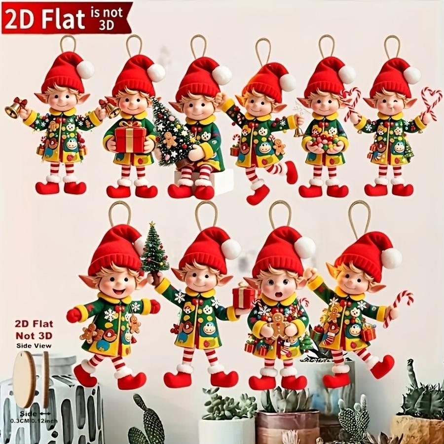 Christmas Tree Artificial - 1/5/10/20/50/100個入り 2Dフラット、10個入り—クリスマスツリーの飾り付けに最適 - ギフトを抱えたかわいいエルフのフィギュア、人工的な吊り下げ飾り