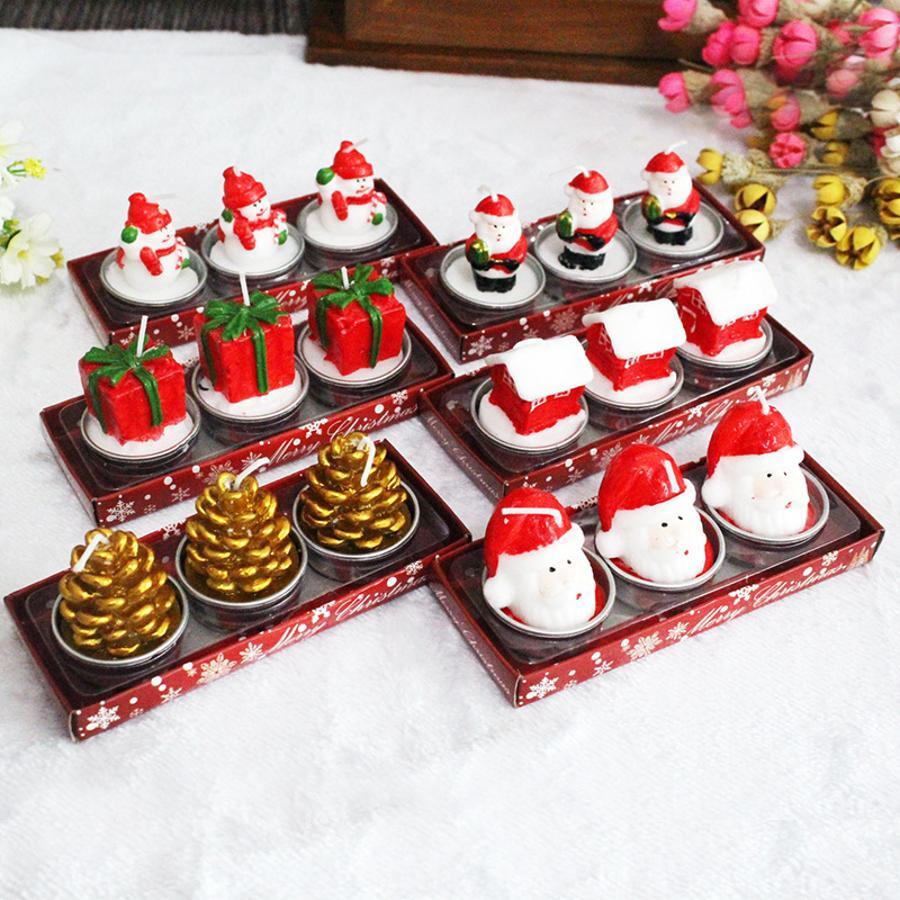 Holiday Candle Set - クリスマス装飾キャンドル3点セット。サンタ、雪だるま、家、松ぼっくり、漫画風のキャンドルオーナメント。ご自宅のテーブルやホリデーパーティーの飾り、プレゼントに最適。