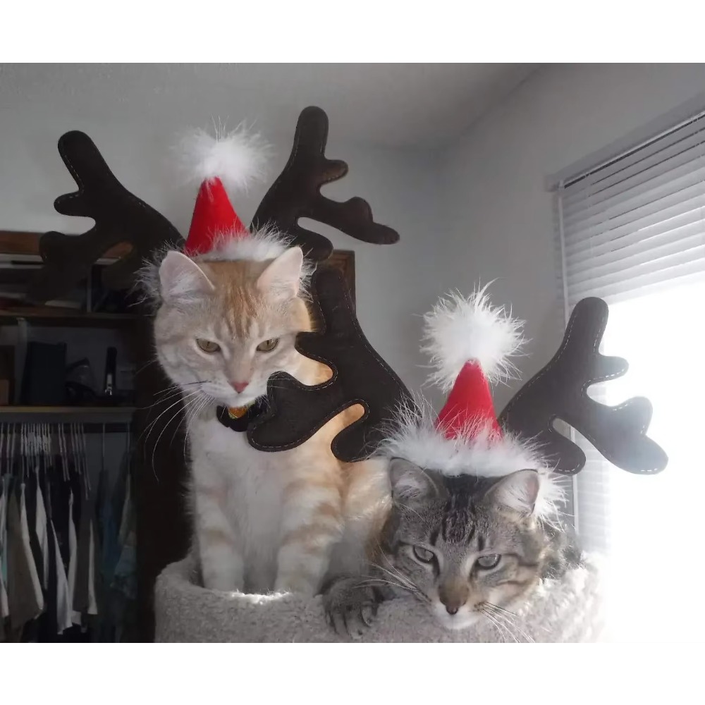 Reindeer Antlers Headband - ペット用クリスマス・トナカイの角のヘッドバンド。サンタ帽付きで、サイズ調整可能。犬や猫のクリスマス衣装、ホリデーパーティー、写真撮影用の小道具として最適。